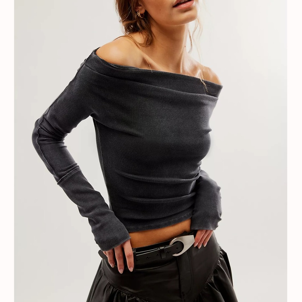 Free People Off-Shoulder Long Sleeve Top - Dark Gray